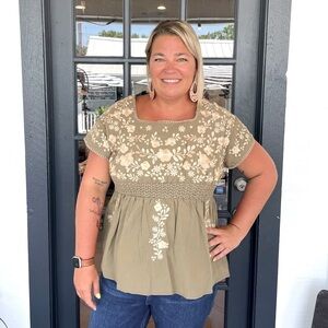 Savanna Jane nwt babydoll shirred waist boho embroidered top LG Peasant feminine